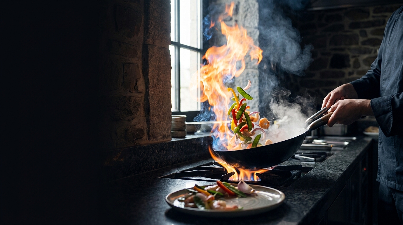 Chef tossing vegetables in a flaming wok